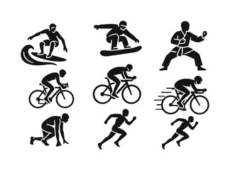 Sports silhouette icon set. featuring surfing, snowboarding, karate, cycling, and running symbols