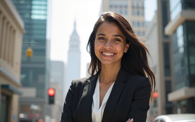 Young hispanic business woman wearing professional look smiling confident at the city. High quality