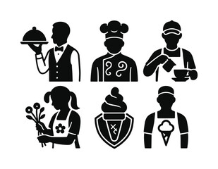 Hospitality profession silhouette icon set. featuring waiter, chef, barista, florist, ice cream vendor.