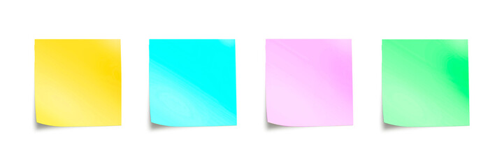 Set of four pastel colored sticky notes, isolated on white or transparent background, png cut out with shadow