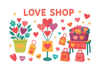 Love and gift flat icon set. featuring flowers, balloons, gift bags, price tags, basket, and hearts