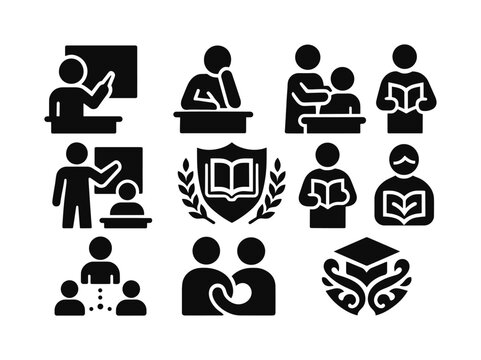 Education silhouette icon set. featuring teaching, reading, mentorship, study, and graduation symbols