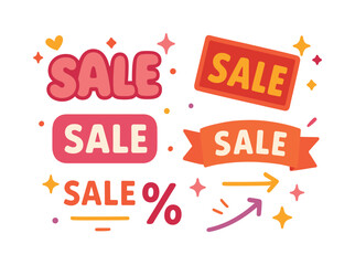 Shopping and discount flat icon set. featuring sale, tag, percentage, arrow, and star symbols