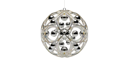 Intricate silver orb with gold accents hanging against black