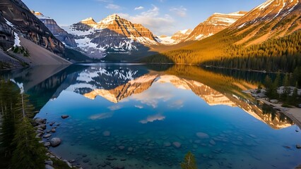 Snow-capped alpine peaks reflect in the turquoise waters of Lake Louise and Mount Cook National Park, creating a breathtaking summer landscape of glaciers and wilderness within the mountain valley