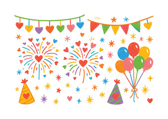 Celebration flat icon set. featuring hearts, fireworks, balloons, stars, party hats, and bunting