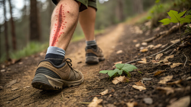  Poison Oak Rash with Linear Red Streaks, Itchy Blisters, and Textured Patches on Hiker's Skin