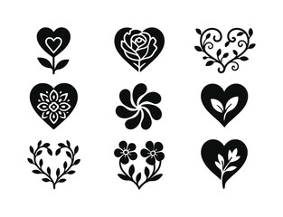 Nature silhouette icon set. featuring heart, rose, floral, swirl, vine, and leaf motifs
