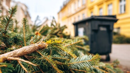 Discarded christmas tree branches lying on urban street next to dumpster, after holiday season waste. Garbage street