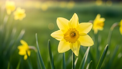 Close up of a vibrant yellow daffodil in a lush green field during springtime
