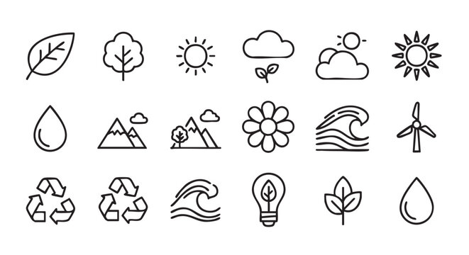 Set of environment and nature related icons in simple outline style