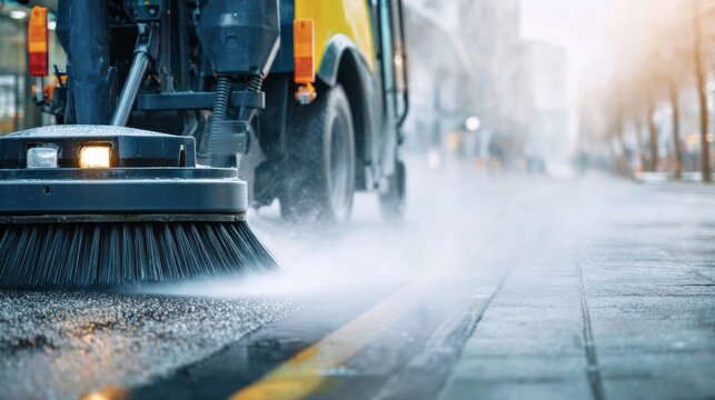Street sweeper cleaning city road with rotating brush and water spray, maintaining urban hygiene and sanitation. Garbage street