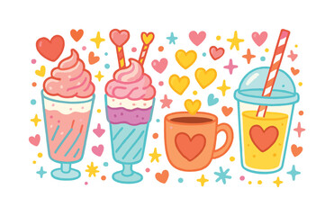 Coffee and juice flat icon set. featuring milkshake, ice cream, coffee, and smoothie symbols