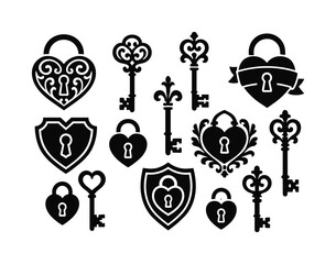 Romantic love silhouette icon set. featuring heart lock, vintage key, ornate padlock, floral key, shield lock