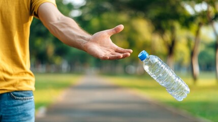 Man carelessly littering plastic bottle on park path, contributing to environmental pollution and waste problem. Garbage street