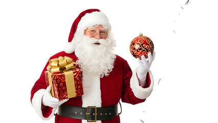 Santa Claus holding a gift and Christmas ornament present