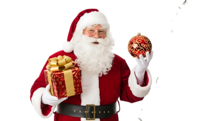 Santa Claus holding a gift and Christmas ornament present