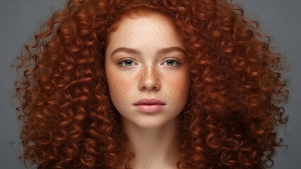 Fototapeta premium Young caucasian female with curly red hair and freckles against gray background