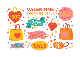 Valentine shopping flat icon set. featuring sale, discount, heart tag, shopping bag, and price tags