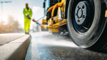 Fototapeta premium City worker cleaning streets with a sanitation truck, spraying water on asphalt for urban hygiene and maintenance. Garbage street