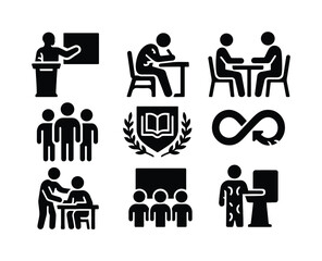 Education activities silhouette icon set. featuring teaching, studying, collaboration, group, learning symbols