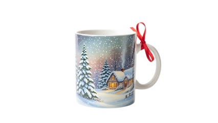 White mug with snowy cottage and Christmas tree scene