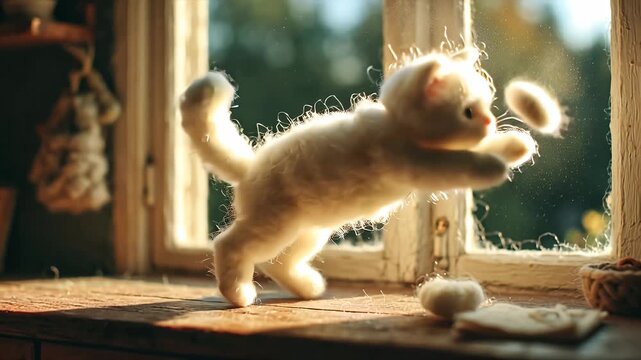 Adorable Fluffy Kitten Playing on a Sunny Windowsill.