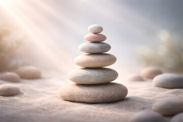 A perfectly balanced stack of smooth, light-colored stones on soft sand under gentle sunlight, symbolizing peace and harmony.