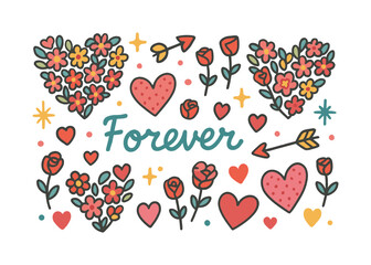 Romantic linear icon set. featuring hearts, flowers, roses, arrows, and love symbols