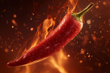 Vertical Red Chili Pepper Burning with Fire Sparks (PNG 8640&times;5760)