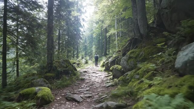 A solitary figure with a backpack walks along a rocky, winding path deep within a vibrant, lush forest. Towering trees, a mix of coniferous and deciduous varieties, create a dense canopy overhead, wit