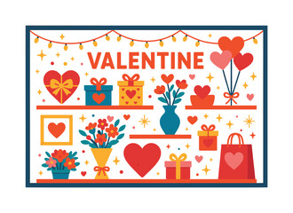 Valentine's themed flat icon set. featuring heart, gift, balloon, flower, vase, and holiday elements
