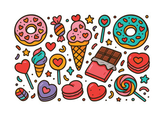 Sweet treats flat icon set. featuring donuts, ice cream cones, lollipops, chocolate bars, and candy hearts