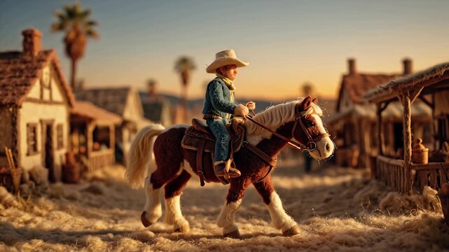Young Cowboy Riding Horse Through Old Western Town at Sunset.