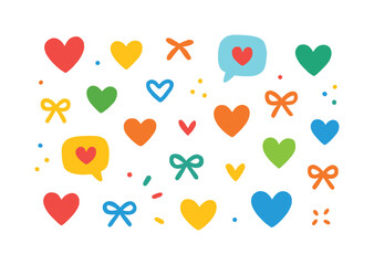Love and communication flat icon set. featuring heart, speech bubble, bow, and confetti symbols