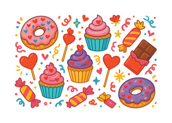 Desserts flat icon set. featuring donut, cupcake, chocolate, candy, and hearts.