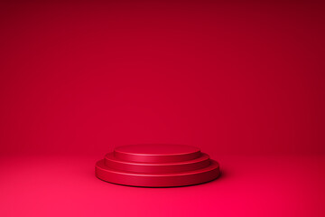 Three tiered vibrant red circular podium on a matching red background for bold product presentation and festive retail showcase of luxury cosmetic items mockup