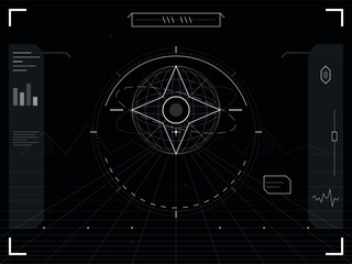 Futuristic HUD interface with radar display, targeting reticles, data grids, and digital control panels. Sci-fi user interface dashboard concept