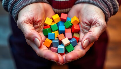 Close-up of hands gently cradling small colorful cubes,  bright,  design