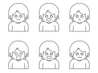 いろんな表情をしている髪の短い女性のイラスト①　色なし
