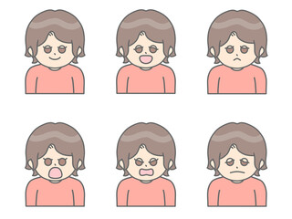 いろんな表情をしている髪の短い女性のイラスト①　茶髪&times;ピンク