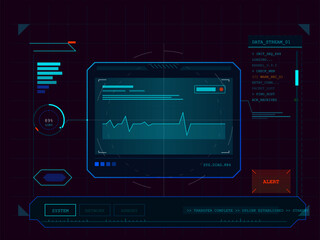 Futuristic HUD interface with radar display, targeting reticles, data grids, and digital control panels. Sci-fi user interface dashboard concept