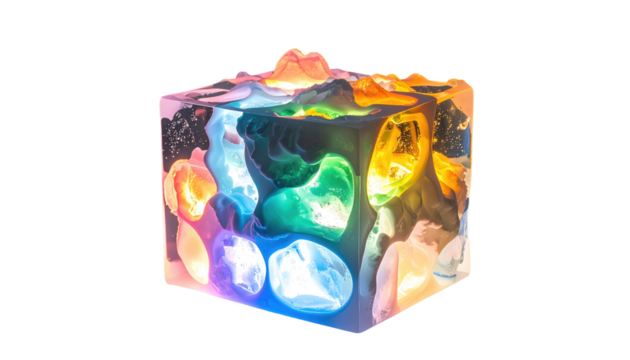 A vibrant, abstract cube filled with glowing, amorphous shapes. Various colors blend, creating an ethereal and dynamic composition - Powered by Adobe