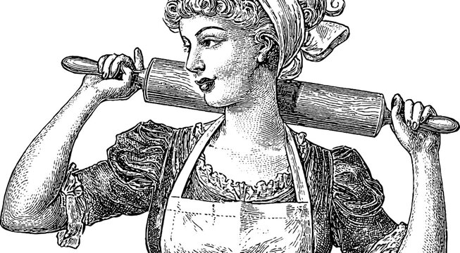 Retro 1950s housewife with apron and rolling pin vintage engraving for kitchen decor