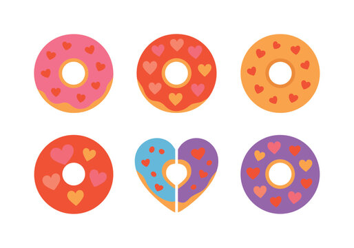 Valentine's day flat icon set. featuring heart donuts, half-heart donut, sprinkled donuts