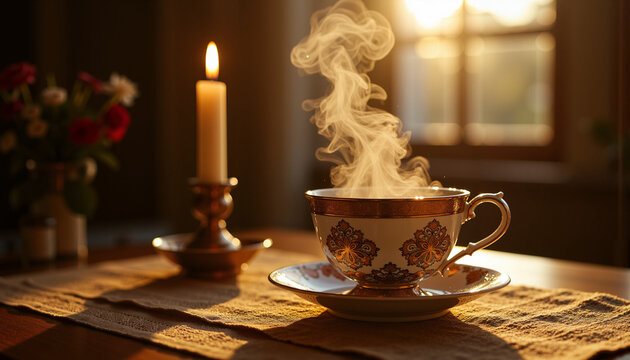 Steaming traditional ponche cup under soft candlelight in modern style  