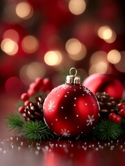 A glossy red bauble is surrounded by pine cones, evergreen branches, and berries, set against a glowing bokeh background, creating a classic and joyful Christmas scene.