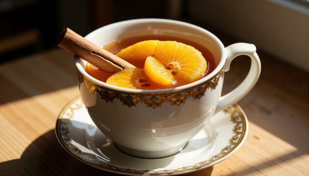 Traditional ponche cup with cinnamon stick and floating fruit in modern style  
