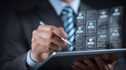 Person reviewing digital profiles on tablet businessman suit