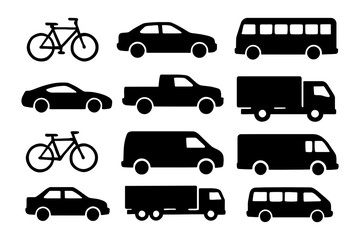 Fototapeta premium Silhouettes of various vehicles including bike, car, truck, van, and bus in black and white.
